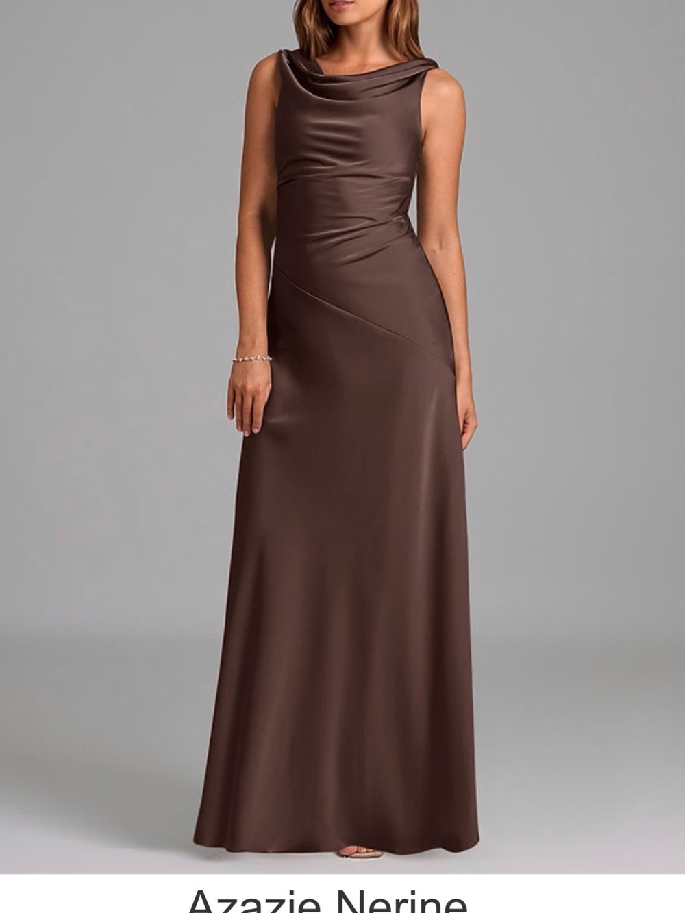 Azazie Brown Satin Cowl-Neck Bridesmaid Maxi Dress